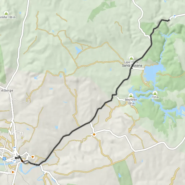 Miniatura do mapa de inspiração para ciclismo "Exploração Rural de Alcácer" em Alentejo, Portugal. Gerado pelo planejador de rotas de ciclismo Tarmacs.app