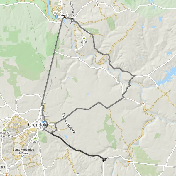 Miniatura do mapa de inspiração para ciclismo "Rota do Castelo de Alcácer do Sal" em Alentejo, Portugal. Gerado pelo planejador de rotas de ciclismo Tarmacs.app