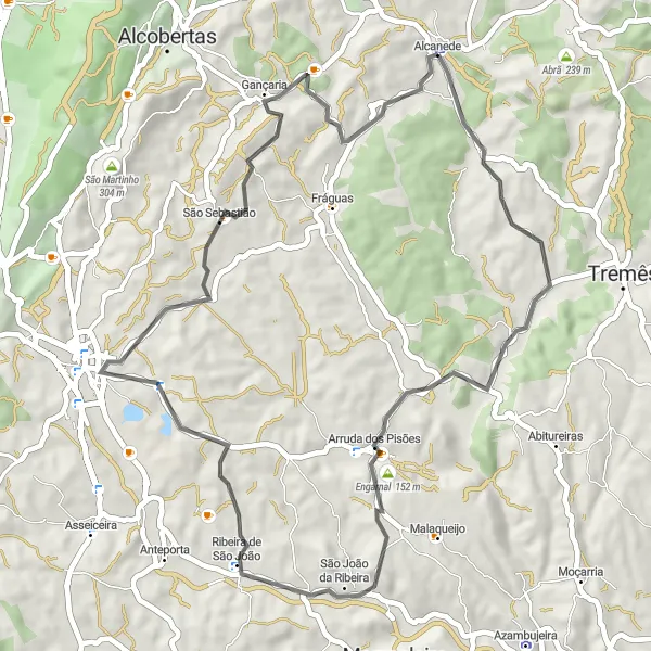 Miniatura do mapa de inspiração para ciclismo "Desafio de Gravilha em São João da Ribeira" em Alentejo, Portugal. Gerado pelo planejador de rotas de ciclismo Tarmacs.app