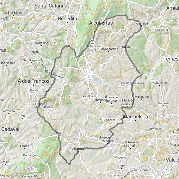 Miniatura do mapa de inspiração para ciclismo "Rota de Emoção pela Ribeira de Fráguas" em Alentejo, Portugal. Gerado pelo planejador de rotas de ciclismo Tarmacs.app