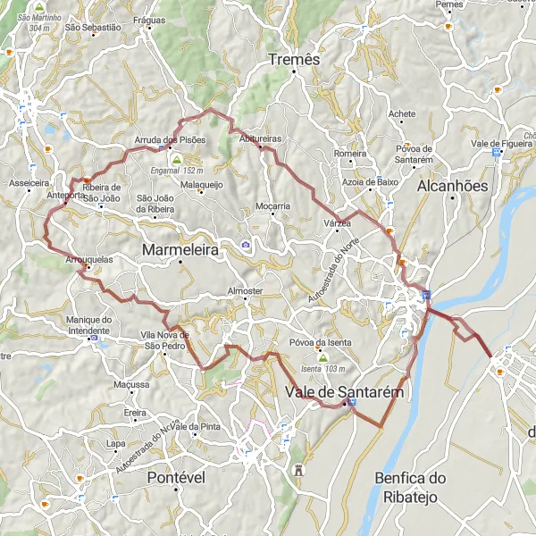 Miniatura do mapa de inspiração para ciclismo "Caminho das Colinas de Almeirim" em Alentejo, Portugal. Gerado pelo planejador de rotas de ciclismo Tarmacs.app