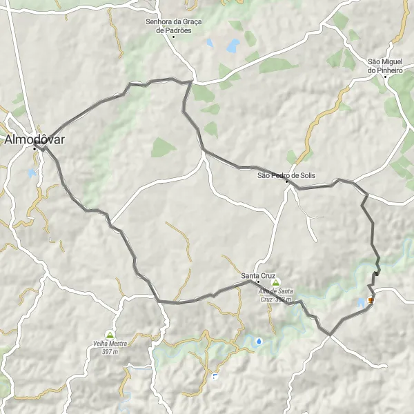 Miniatura do mapa de inspiração para ciclismo "Rota das Colinas de Almodôvar" em Alentejo, Portugal. Gerado pelo planejador de rotas de ciclismo Tarmacs.app
