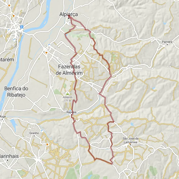 Miniatura do mapa de inspiração para ciclismo "Trilho Gravel do Ribatejo" em Alentejo, Portugal. Gerado pelo planejador de rotas de ciclismo Tarmacs.app