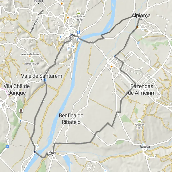 Miniatura do mapa de inspiração para ciclismo "Volta Cénica Alpiarça-Miradouro da Rafoa" em Alentejo, Portugal. Gerado pelo planejador de rotas de ciclismo Tarmacs.app