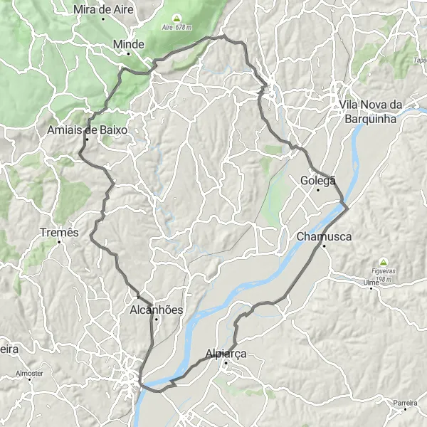 Map miniature of "Alpiarça Hills Adventure" cycling inspiration in Alentejo, Portugal. Generated by Tarmacs.app cycling route planner