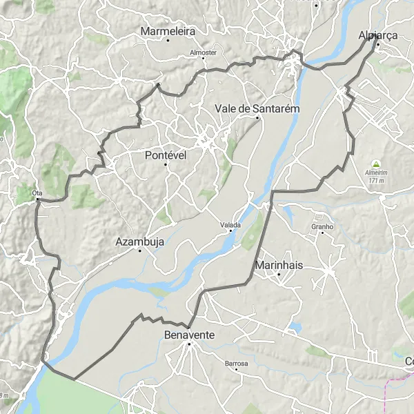 Map miniature of "Alpiarça to Parque de Merendas de Alpiarça Road Cycling Route" cycling inspiration in Alentejo, Portugal. Generated by Tarmacs.app cycling route planner