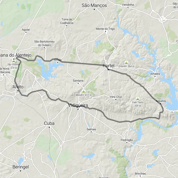 Map miniature of "Alvito to Vila Alva Epic Ride" cycling inspiration in Alentejo, Portugal. Generated by Tarmacs.app cycling route planner