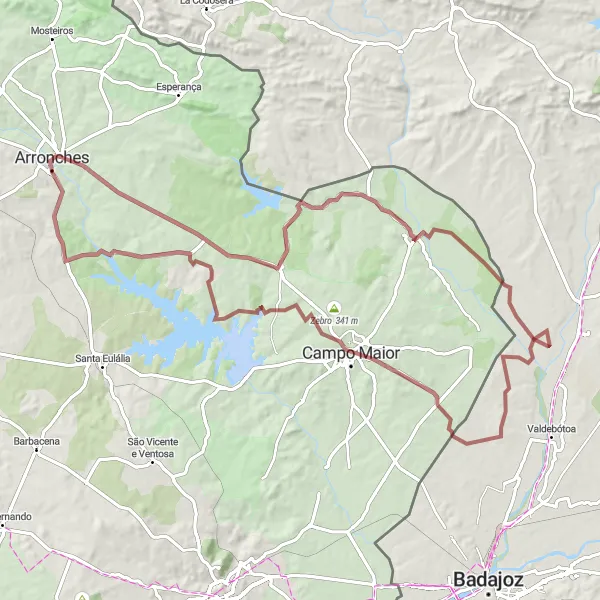 Map miniature of "Arronches to Campo Maior Gravel" cycling inspiration in Alentejo, Portugal. Generated by Tarmacs.app cycling route planner