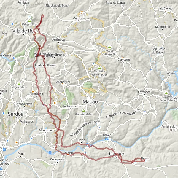 Miniatura do mapa de inspiração para ciclismo "Trilho de montanha de Alvega e Alcaravela" em Alentejo, Portugal. Gerado pelo planejador de rotas de ciclismo Tarmacs.app