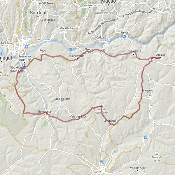 Miniatura do mapa de inspiração para ciclismo "Rota de Longomel e Gavião" em Alentejo, Portugal. Gerado pelo planejador de rotas de ciclismo Tarmacs.app