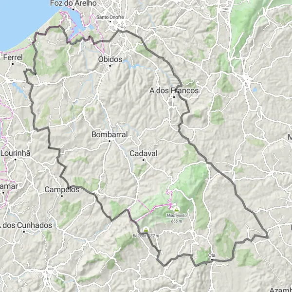 Miniatura do mapa de inspiração para ciclismo "Rota de Coteina a Aveiras de Cima" em Alentejo, Portugal. Gerado pelo planejador de rotas de ciclismo Tarmacs.app