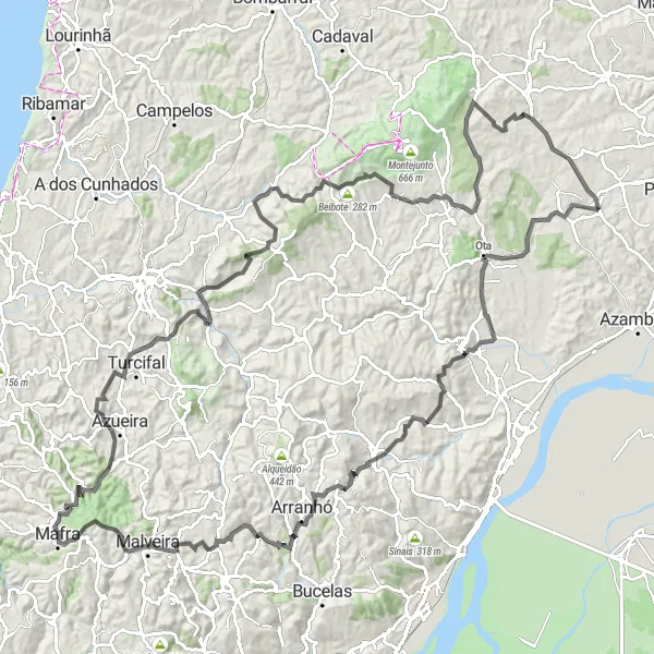 Miniatura do mapa de inspiração para ciclismo "Rota de Cabreira a Aveiras de Cima" em Alentejo, Portugal. Gerado pelo planejador de rotas de ciclismo Tarmacs.app