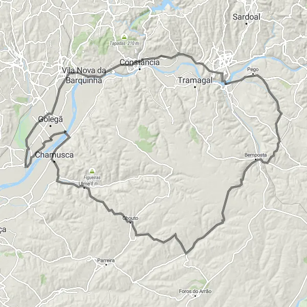 Map miniature of "Barquinha-Chamusca Loop" cycling inspiration in Alentejo, Portugal. Generated by Tarmacs.app cycling route planner