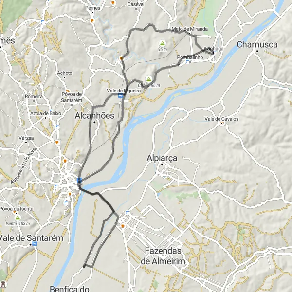 Miniatura do mapa de inspiração para ciclismo "Exploração das Estradas de Azinhaga" em Alentejo, Portugal. Gerado pelo planejador de rotas de ciclismo Tarmacs.app