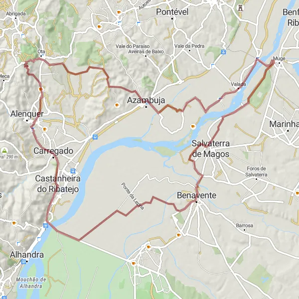 Miniatura do mapa de inspiração para ciclismo "Desafio Gravel de Benavente" em Alentejo, Portugal. Gerado pelo planejador de rotas de ciclismo Tarmacs.app