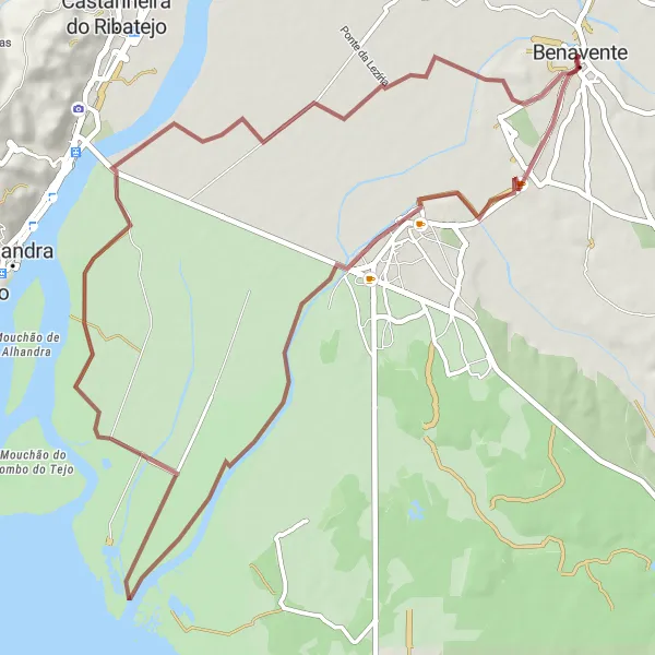 Miniatura do mapa de inspiração para ciclismo "Exploração Gravel de Samora Correia" em Alentejo, Portugal. Gerado pelo planejador de rotas de ciclismo Tarmacs.app