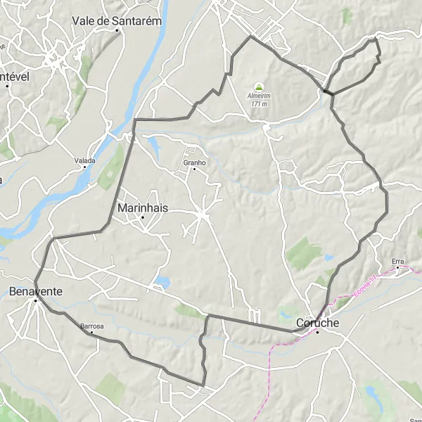 Miniatura do mapa de inspiração para ciclismo "Desafio Road de Coruche" em Alentejo, Portugal. Gerado pelo planejador de rotas de ciclismo Tarmacs.app