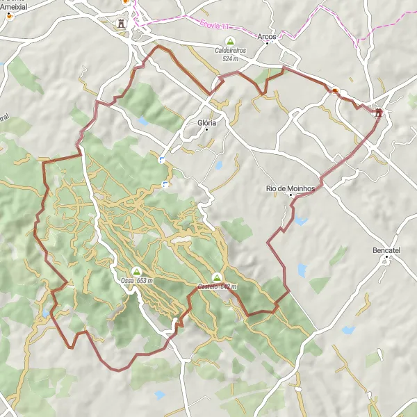 Miniatura do mapa de inspiração para ciclismo "Trilho dos Mártires" em Alentejo, Portugal. Gerado pelo planejador de rotas de ciclismo Tarmacs.app