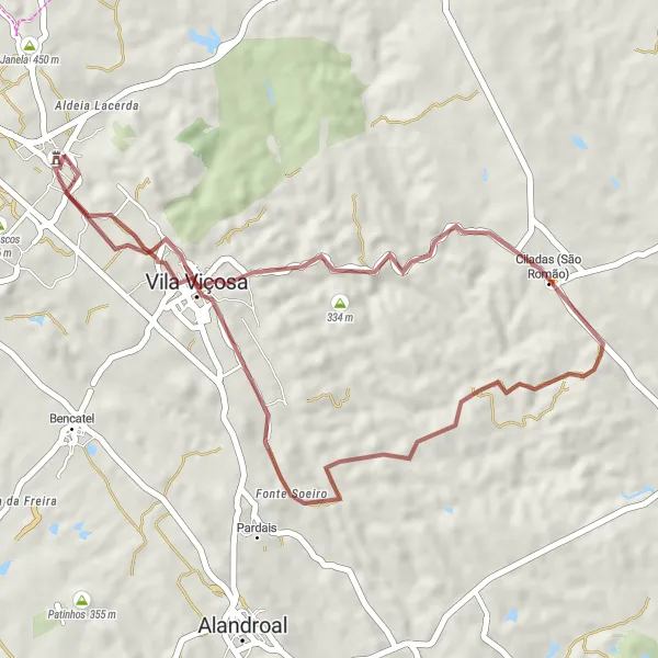 Miniatura do mapa de inspiração para ciclismo "Rota das Albufeiras de Borba" em Alentejo, Portugal. Gerado pelo planejador de rotas de ciclismo Tarmacs.app