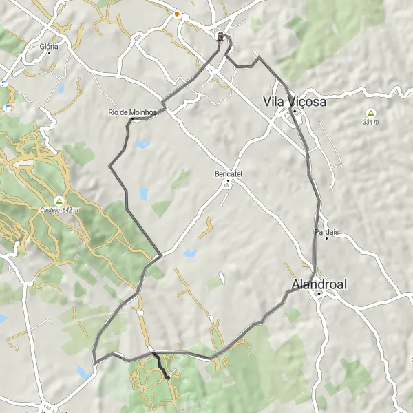 Miniatura do mapa de inspiração para ciclismo "Rota dos Castelos" em Alentejo, Portugal. Gerado pelo planejador de rotas de ciclismo Tarmacs.app