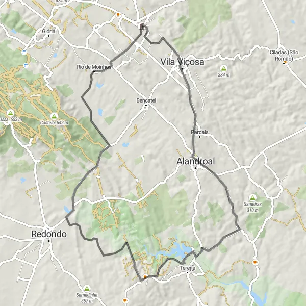 Miniatura do mapa de inspiração para ciclismo "Circuito das Colinas de Borba" em Alentejo, Portugal. Gerado pelo planejador de rotas de ciclismo Tarmacs.app