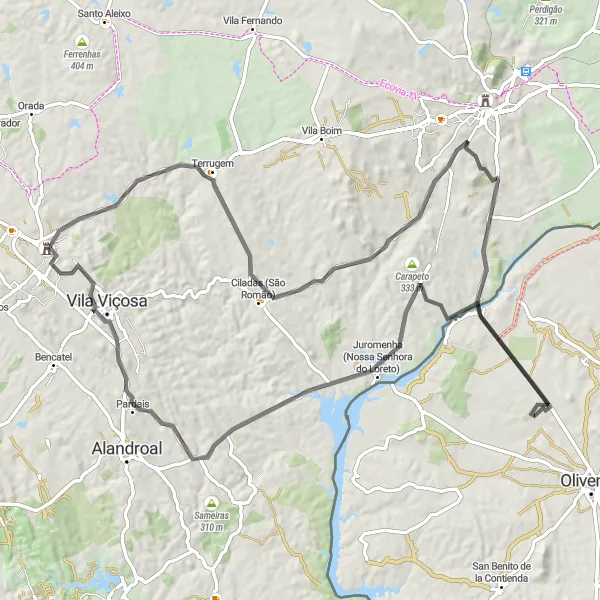 Miniatura do mapa de inspiração para ciclismo "Rota das Fortalezas Alentejanas" em Alentejo, Portugal. Gerado pelo planejador de rotas de ciclismo Tarmacs.app