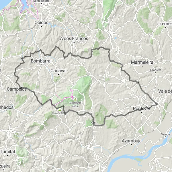 Miniatura do mapa de inspiração para ciclismo "Caminho dos Castelos e Vinhas" em Alentejo, Portugal. Gerado pelo planejador de rotas de ciclismo Tarmacs.app