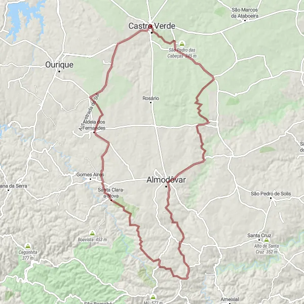 Miniatura do mapa de inspiração para ciclismo "Caminho Gravel de Castro Verde a Casa Dona Maria" em Alentejo, Portugal. Gerado pelo planejador de rotas de ciclismo Tarmacs.app