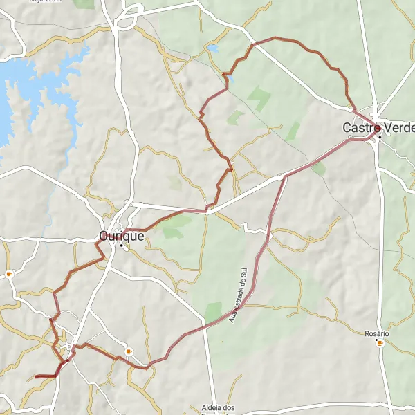 Miniatura do mapa de inspiração para ciclismo "Rota de Ciclismo de Gravel Castro Verde-Ourique" em Alentejo, Portugal. Gerado pelo planejador de rotas de ciclismo Tarmacs.app