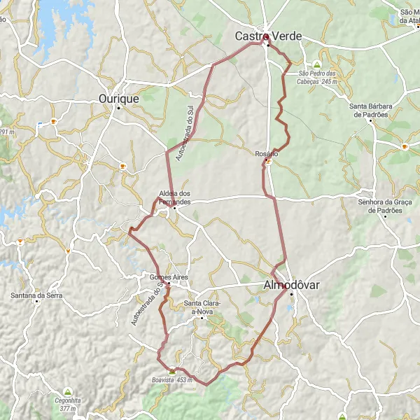 Miniatura do mapa de inspiração para ciclismo "Aventura Gravel de Castro Verde a Padrão Comemorativo da Batalha de Ourique" em Alentejo, Portugal. Gerado pelo planejador de rotas de ciclismo Tarmacs.app
