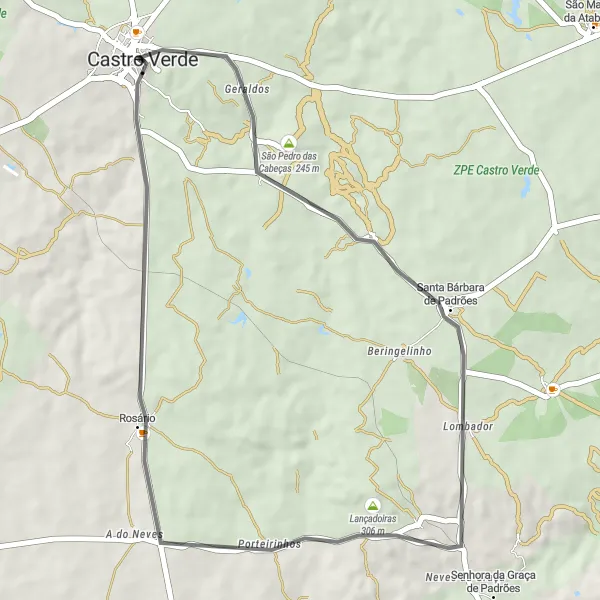 Miniatura do mapa de inspiração para ciclismo "Rota de Ciclismo de Estrada Castro Verde-Padrões" em Alentejo, Portugal. Gerado pelo planejador de rotas de ciclismo Tarmacs.app