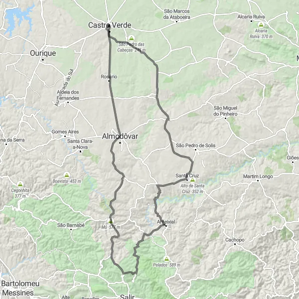 Miniatura do mapa de inspiração para ciclismo "Rota de Ciclismo de Estrada Castro Verde-Almodôvar" em Alentejo, Portugal. Gerado pelo planejador de rotas de ciclismo Tarmacs.app