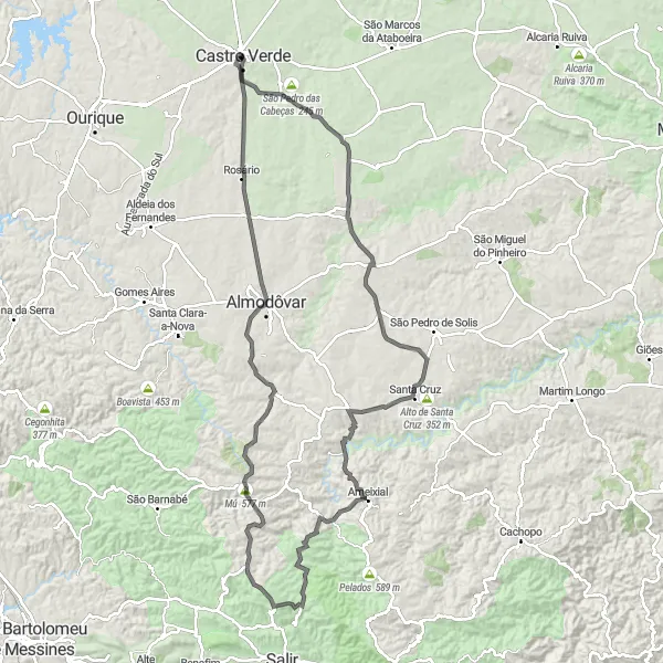 Map miniature of "Castro Verde - Padrões - Almodôvar Epic Route" cycling inspiration in Alentejo, Portugal. Generated by Tarmacs.app cycling route planner