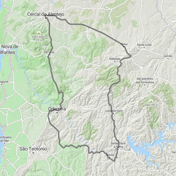 Miniatura do mapa de inspiração para ciclismo "Rota de Ciclismo por Estrada pelos Campos Alentejanos" em Alentejo, Portugal. Gerado pelo planejador de rotas de ciclismo Tarmacs.app