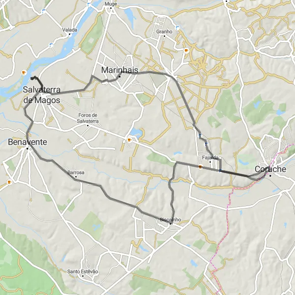 Miniatura do mapa de inspiração para ciclismo "Circuito de Coruche e arredores" em Alentejo, Portugal. Gerado pelo planejador de rotas de ciclismo Tarmacs.app