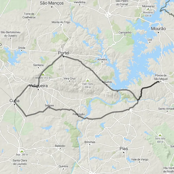 Miniatura do mapa de inspiração para ciclismo "Rota do Alqueva e Mendro" em Alentejo, Portugal. Gerado pelo planejador de rotas de ciclismo Tarmacs.app