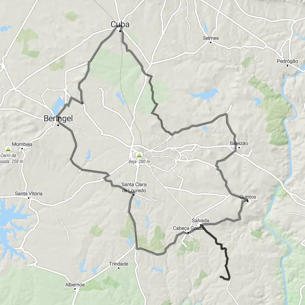 Miniatura do mapa de inspiração para ciclismo "Rota das Fontes e Quintos" em Alentejo, Portugal. Gerado pelo planejador de rotas de ciclismo Tarmacs.app