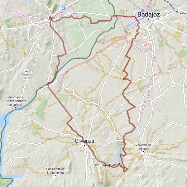 Miniatura do mapa de inspiração para ciclismo "Aventura nas Terras de Elvas" em Alentejo, Portugal. Gerado pelo planejador de rotas de ciclismo Tarmacs.app