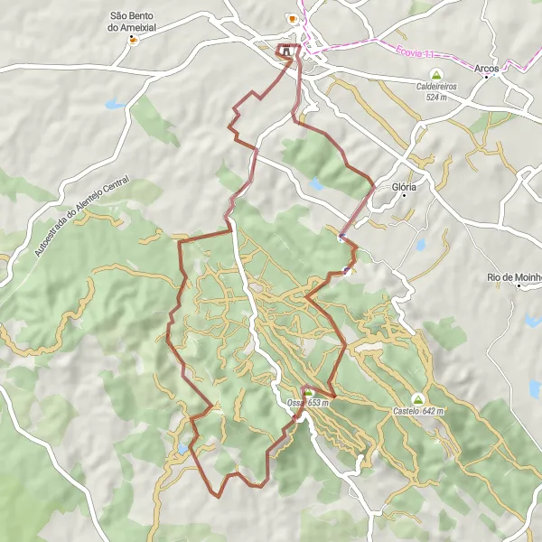 Miniatura do mapa de inspiração para ciclismo "Ossa e Estremoz" em Alentejo, Portugal. Gerado pelo planejador de rotas de ciclismo Tarmacs.app