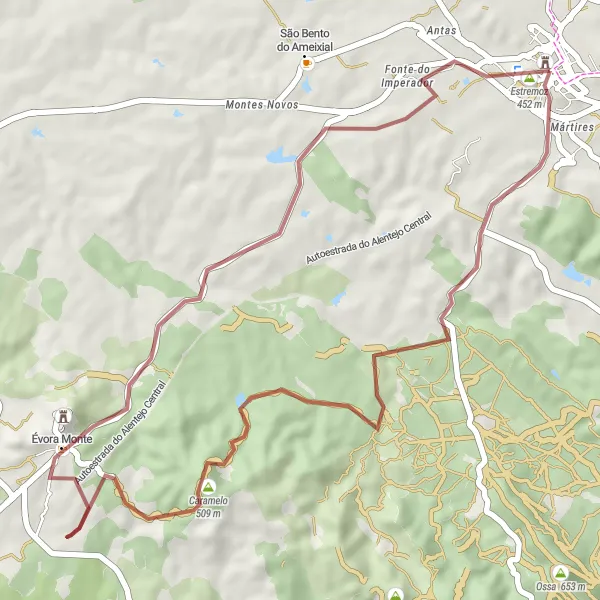Miniatura do mapa de inspiração para ciclismo "Castelo de Evoramonte e Estremoz" em Alentejo, Portugal. Gerado pelo planejador de rotas de ciclismo Tarmacs.app