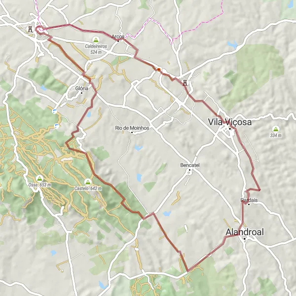 Miniatura do mapa de inspiração para ciclismo "Rota dos Castelos de Estremoz" em Alentejo, Portugal. Gerado pelo planejador de rotas de ciclismo Tarmacs.app