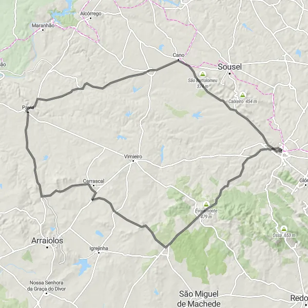Miniatura do mapa de inspiração para ciclismo "Évoramonte e Pavia" em Alentejo, Portugal. Gerado pelo planejador de rotas de ciclismo Tarmacs.app