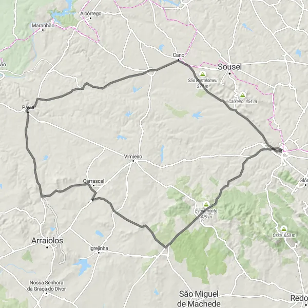 Map miniature of "Alentejo Road Cycling Challenge" cycling inspiration in Alentejo, Portugal. Generated by Tarmacs.app cycling route planner