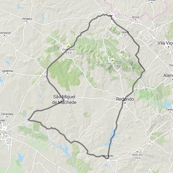 Map miniature of "Estremoz Circular Road Route" cycling inspiration in Alentejo, Portugal. Generated by Tarmacs.app cycling route planner