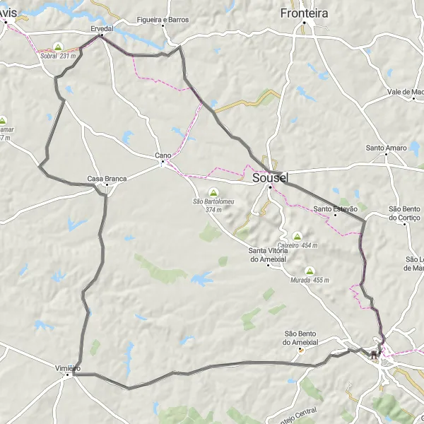 Map miniature of "Estremoz to Sousel Road Adventure" cycling inspiration in Alentejo, Portugal. Generated by Tarmacs.app cycling route planner