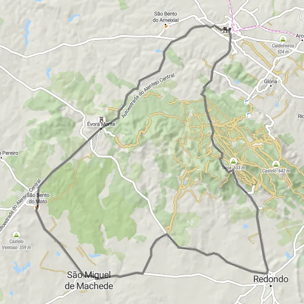 Map miniature of "Estremoz to Evoramonte Road Cycling Route" cycling inspiration in Alentejo, Portugal. Generated by Tarmacs.app cycling route planner