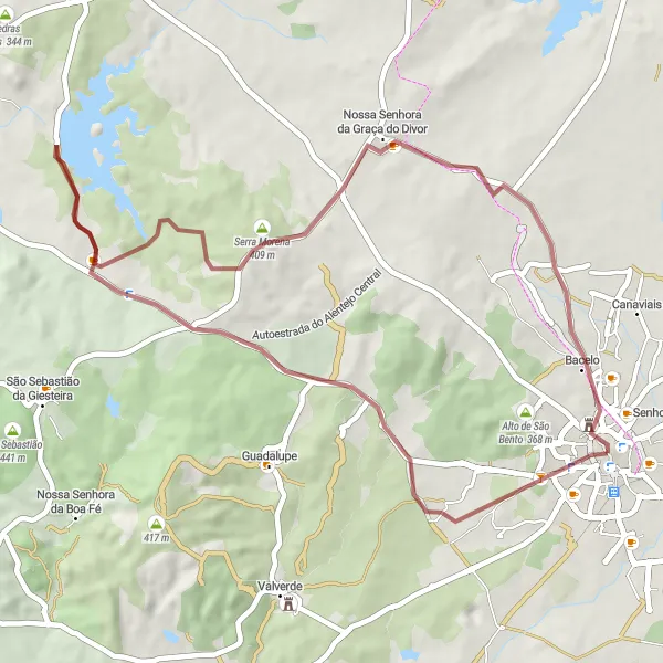 Miniatura do mapa de inspiração para ciclismo "Caminho da Serra Morena" em Alentejo, Portugal. Gerado pelo planejador de rotas de ciclismo Tarmacs.app