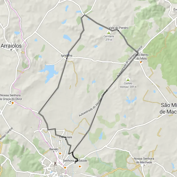 Miniatura do mapa de inspiração para ciclismo "Rota dos Olivais de Évora" em Alentejo, Portugal. Gerado pelo planejador de rotas de ciclismo Tarmacs.app