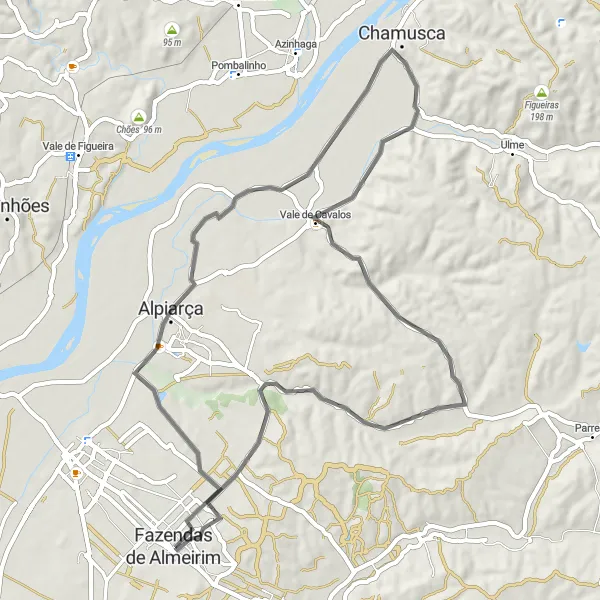 Miniatura do mapa de inspiração para ciclismo "Rota Alpiarça e Chamusca" em Alentejo, Portugal. Gerado pelo planejador de rotas de ciclismo Tarmacs.app