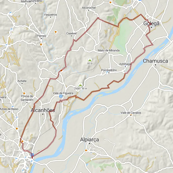 Miniatura do mapa de inspiração para ciclismo "Rota de Casével até Pelourinho da Golegã" em Alentejo, Portugal. Gerado pelo planejador de rotas de ciclismo Tarmacs.app
